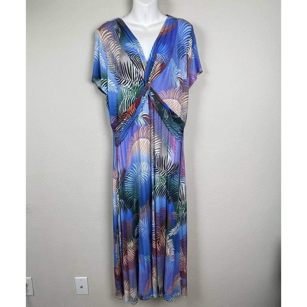Soft Surroundings Maxi Dress Size L‎ Blue Palm Print Knit V-Neck Short Sleeve